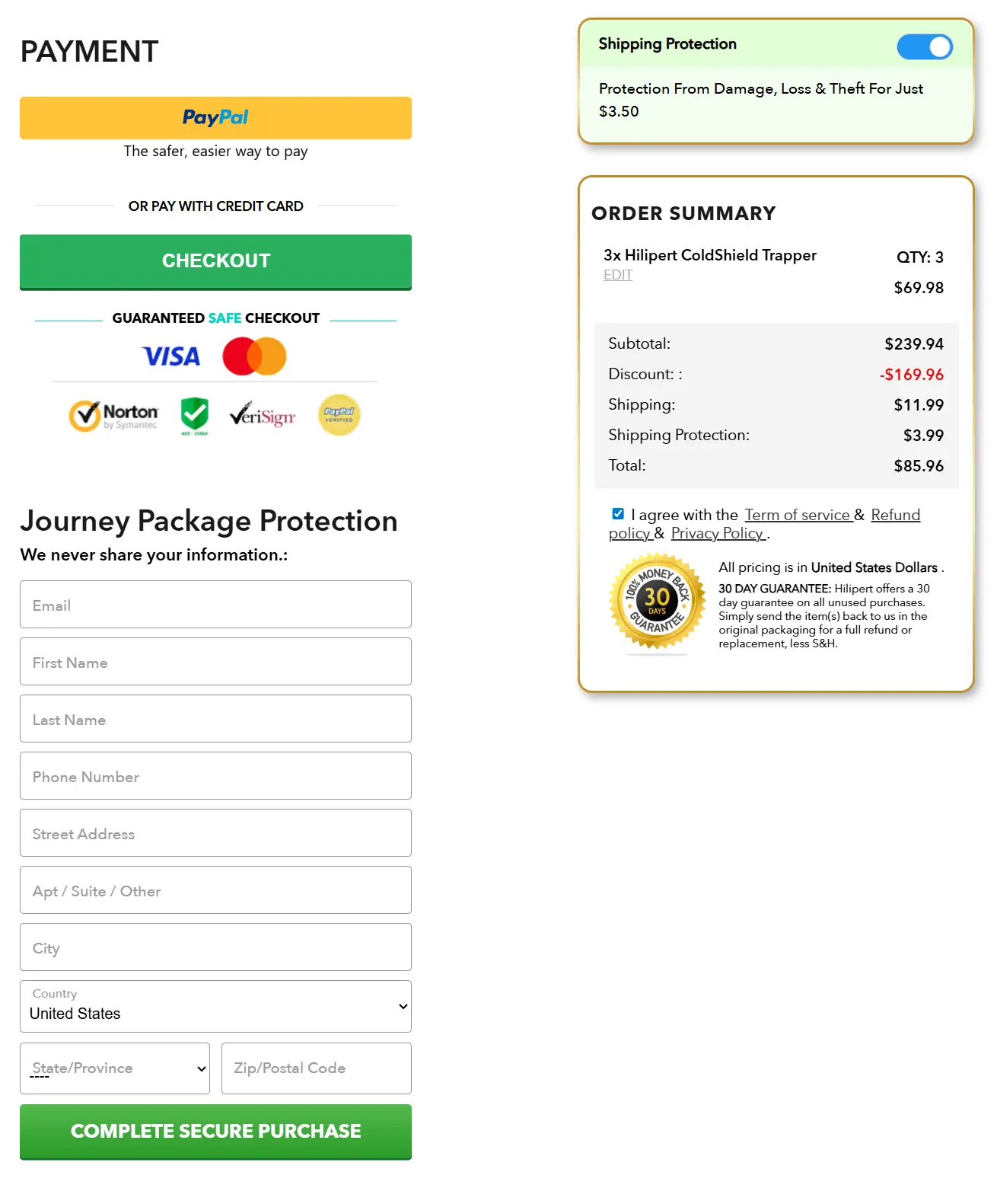 Coldshield Trapper secure checkout page